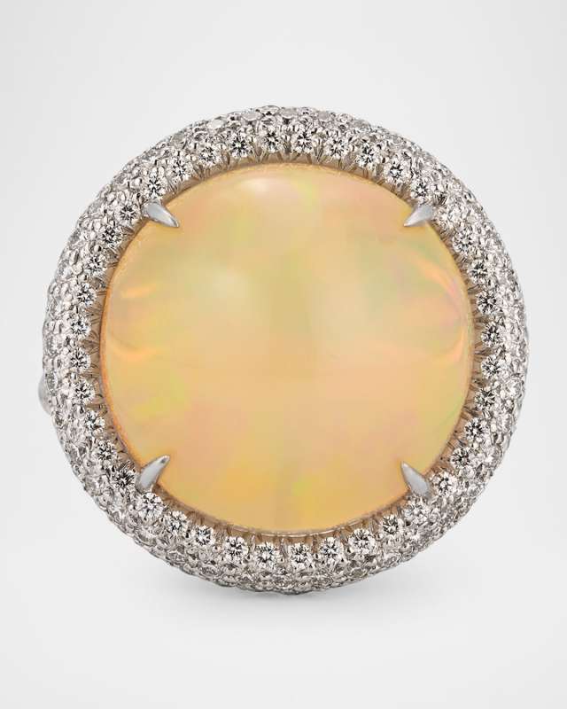 18K White Gold Opal and Diamond Ring, Size 6